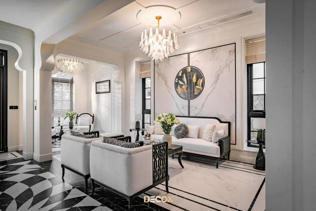 thiết kế nội thất phòng khách chung cư phong cách tân cổ điển