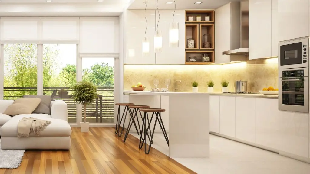 nội thất phòng khách và bếp với quầy bar hiện đại