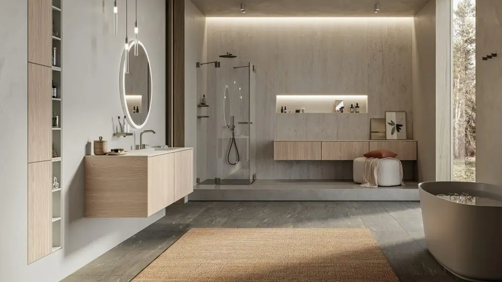 mẫu nội thất nhà tắm sử dụng gạch nền nhám nhẹ