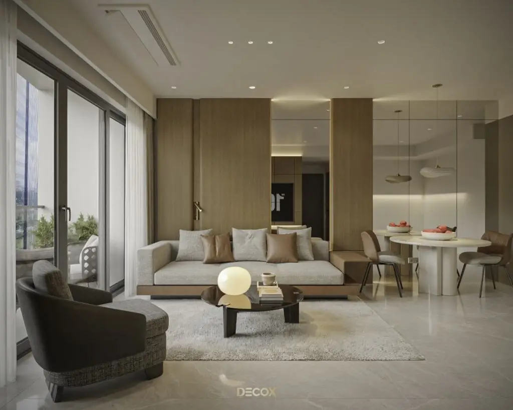 thiết kế nội thất chung cư 90m2 phòng khách liên thông bếp