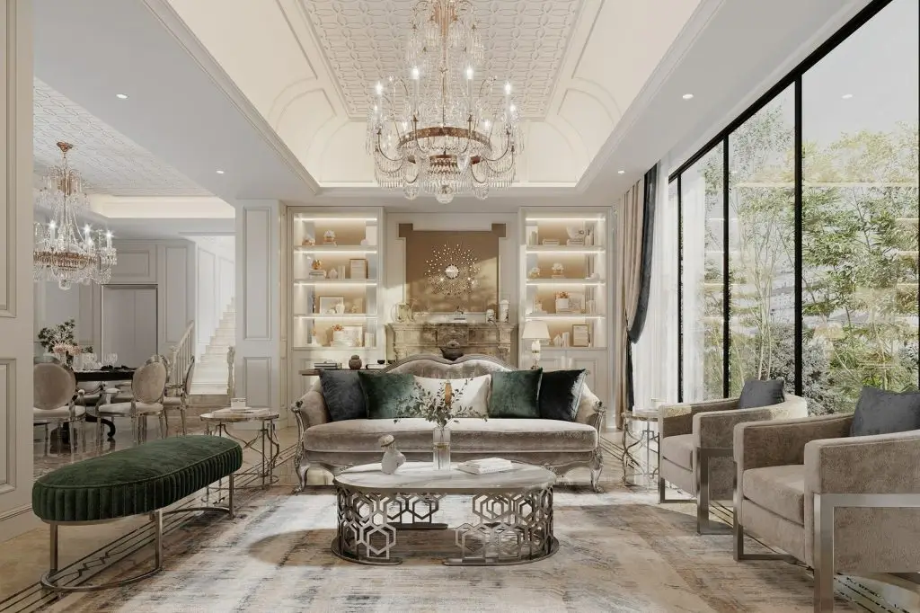 Thiết kế nội thất phòng khách biệt thự phong cách tân cổ điển