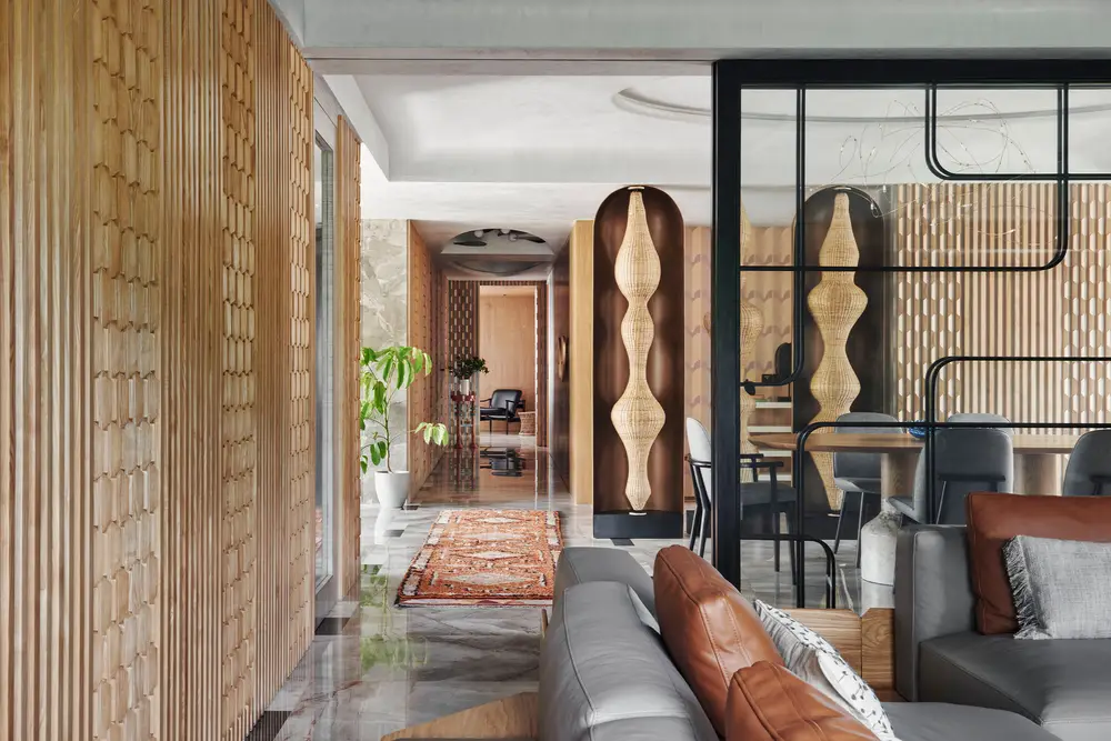 mẫu thiết kế nội thất phòng khách nhà ống hoa văn nhẹ