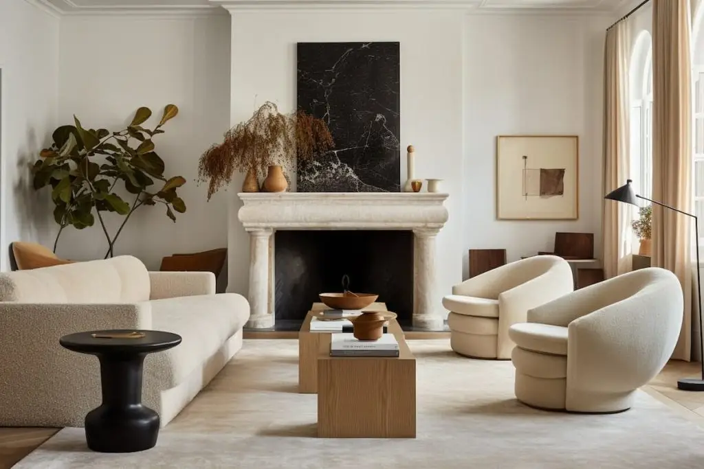 thiết kế nội thất phòng khách nhà ống gam màu trắng - kem