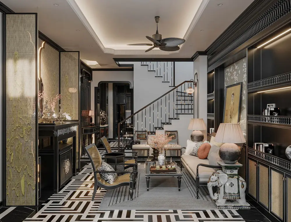 thiết kế nội thất phòng khách nhà ống dùng gỗ tối màu