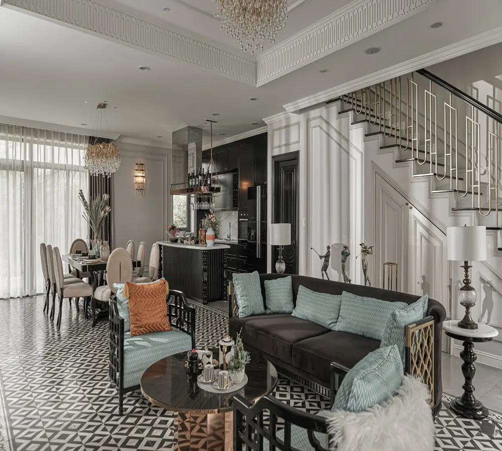 thiết kế nội thất phòng khách nhà ống dùng đồ trang trí nghệ thuật