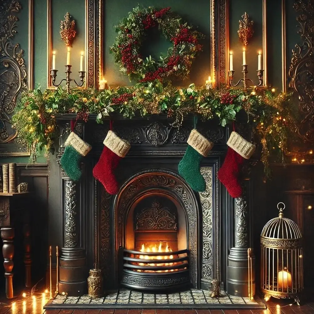 trang trí lò sưởi giáng sinh với tất đỏ, xanh