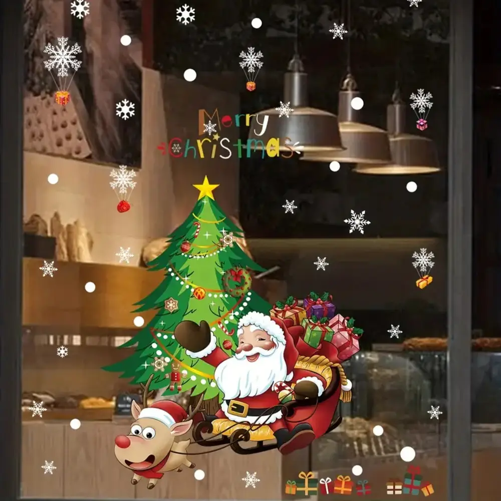 trang trí noel cho cửa kính với hình ông già noel và cây thông