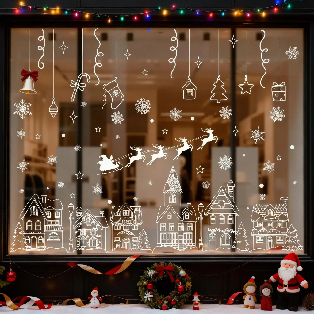 trang trí noel cho cửa kính với hình decal và đèn led