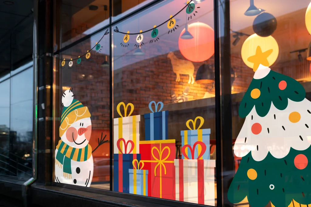 trang trí noel cho cửa kính với hình decal người tuyết cỡ lớn