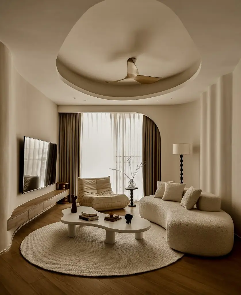 decor phòng khách với quạt trần tạo điểm nhấn