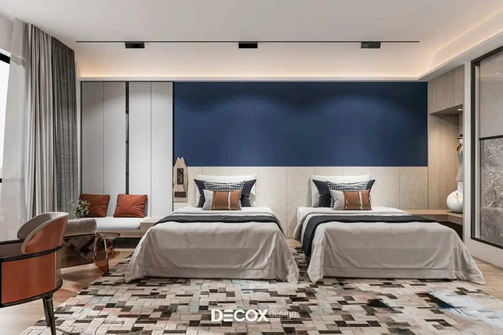 decor phong ngủ với màu xanh tạo điểm nhấn 