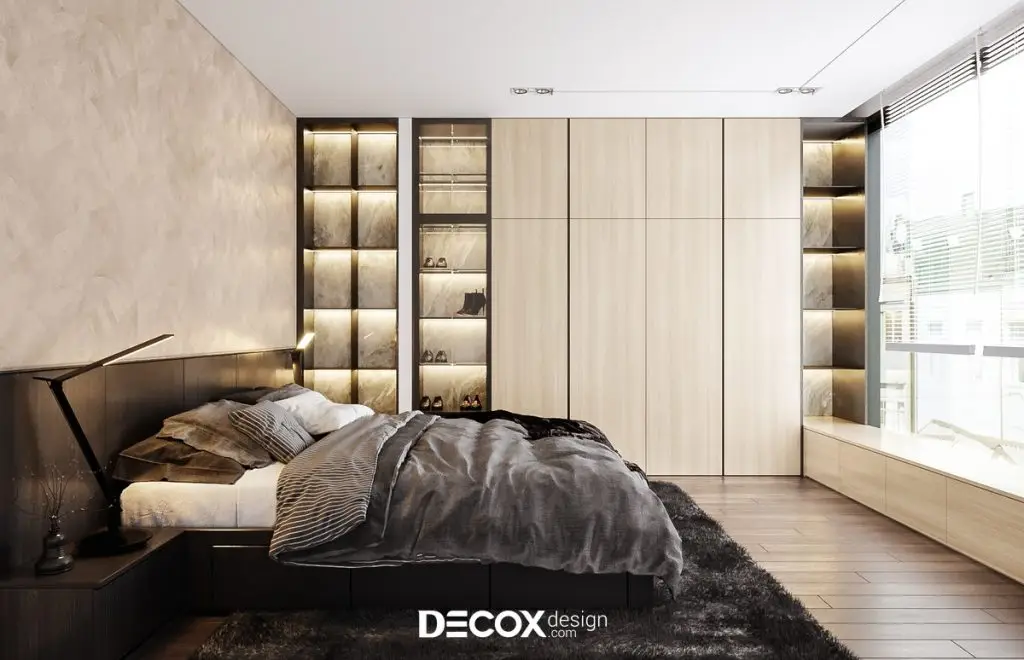 decor phong ngủ bằng tủ quần áo âm tường kịch trần