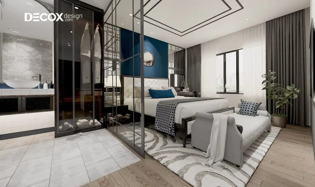 decor phong ngủ bằng vách ngăn nhôm kính