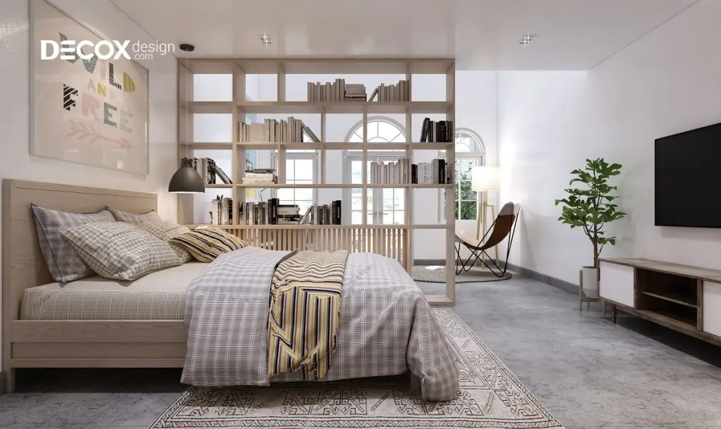 decor phong ngủ bằng vách ngăn gỗ