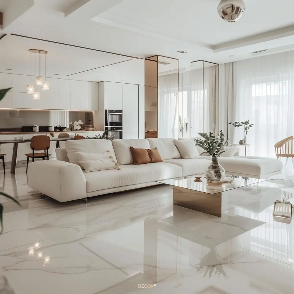 gạch lát nền phòng khách màu trắng vân mây