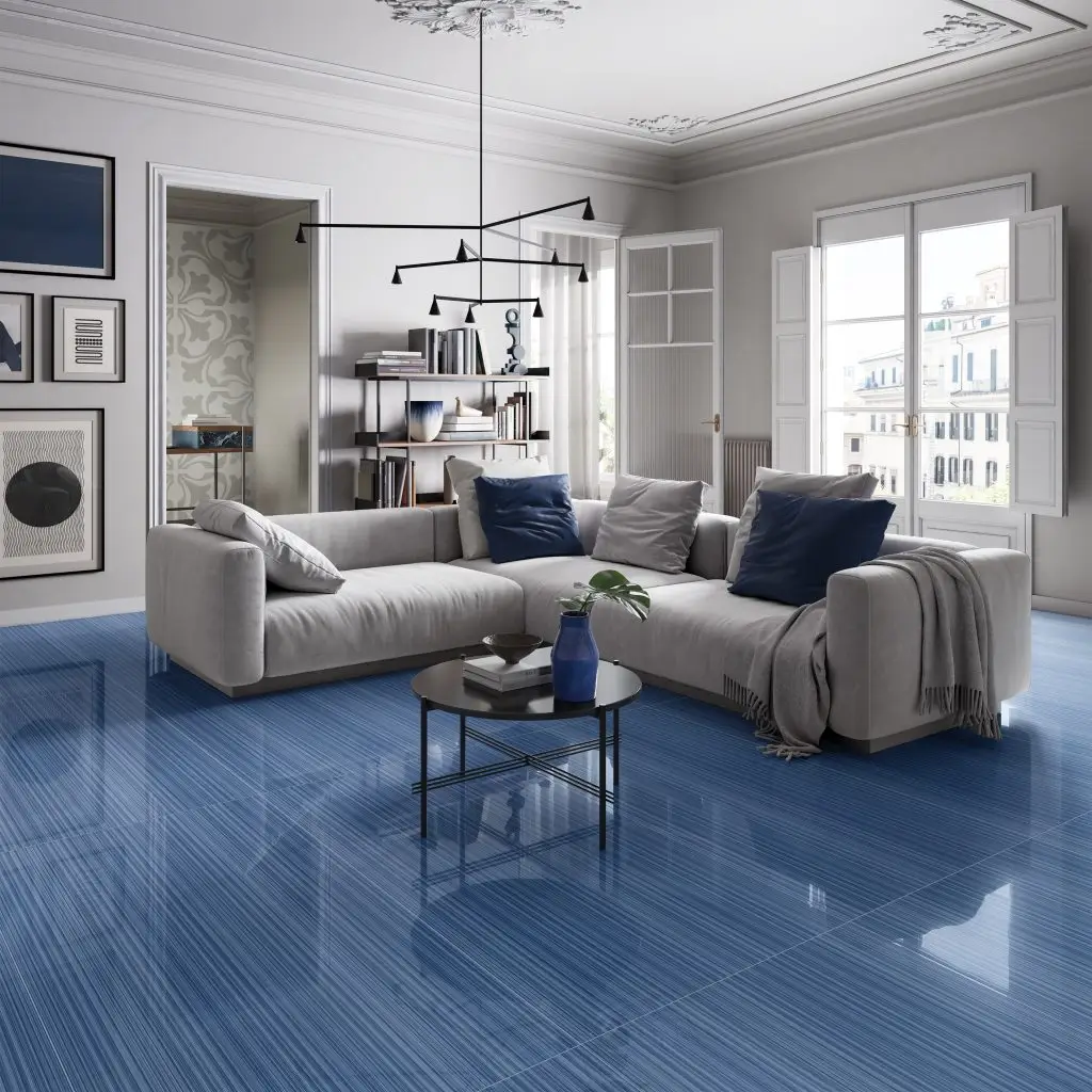 gạch lát nền phòng khách màu xanh dương