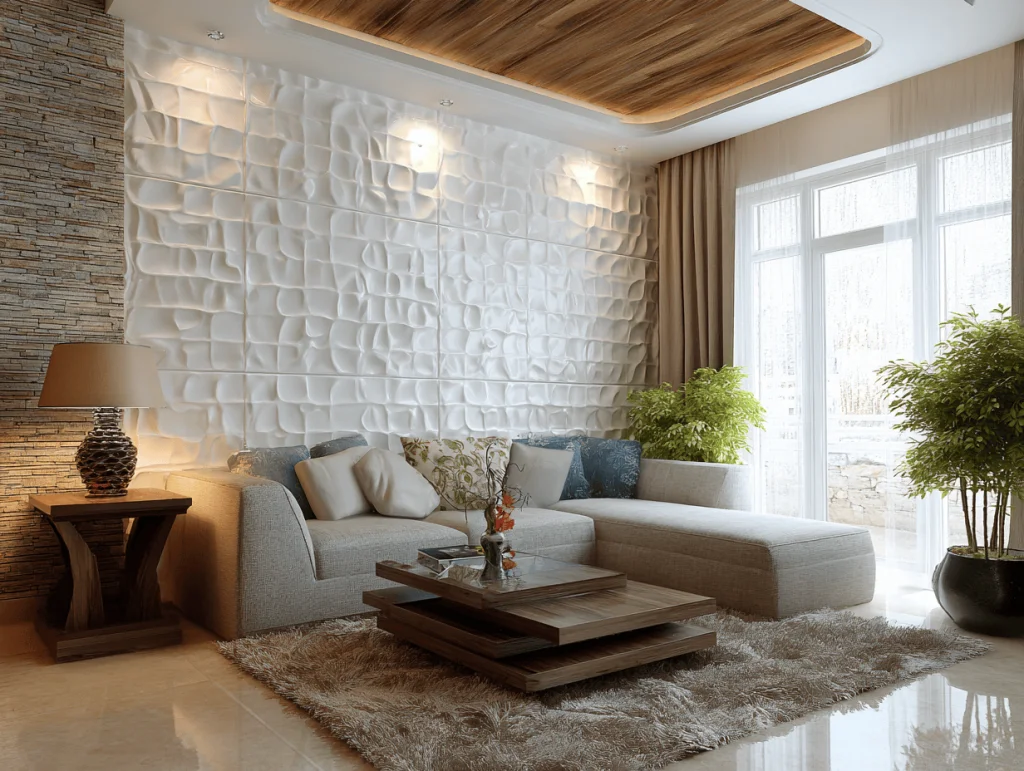 phối màu gạch ốp tường phòng khách phong cách tối giản