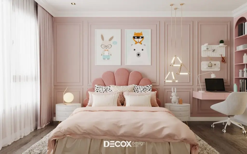 phòng ngủ bé gái với tông hồng ngọt ngào