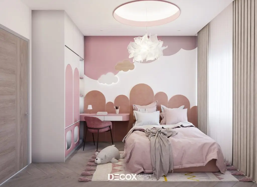 thiết kế phòng ngủ bé gái với tông hồng và trắng