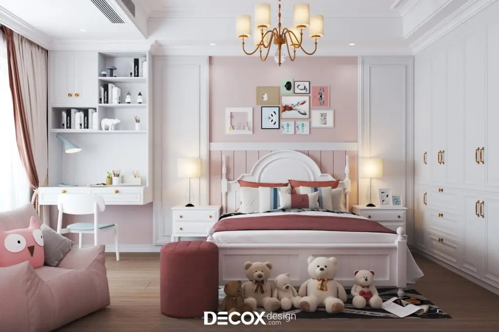 phòng ngủ bé gái với tông hồng và trắng
