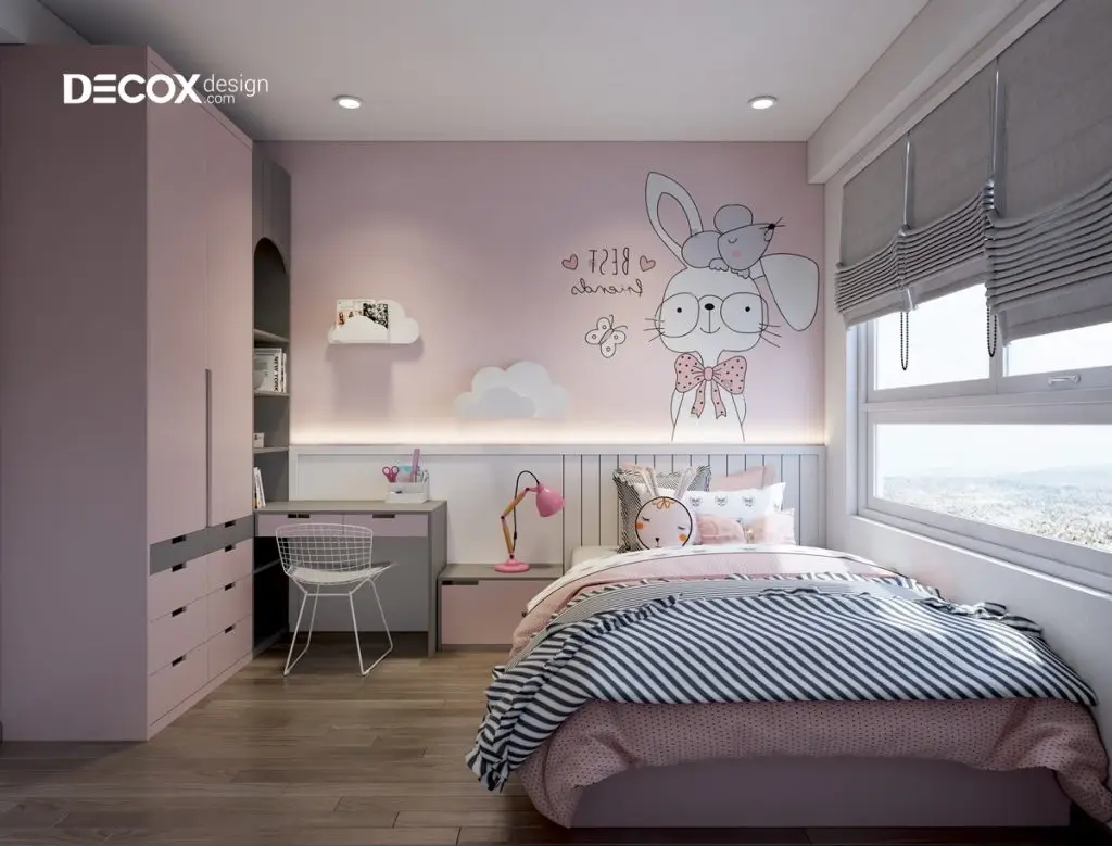 decor phòng ngủ bé gái với nhân vật hoạt hình đáng yêu