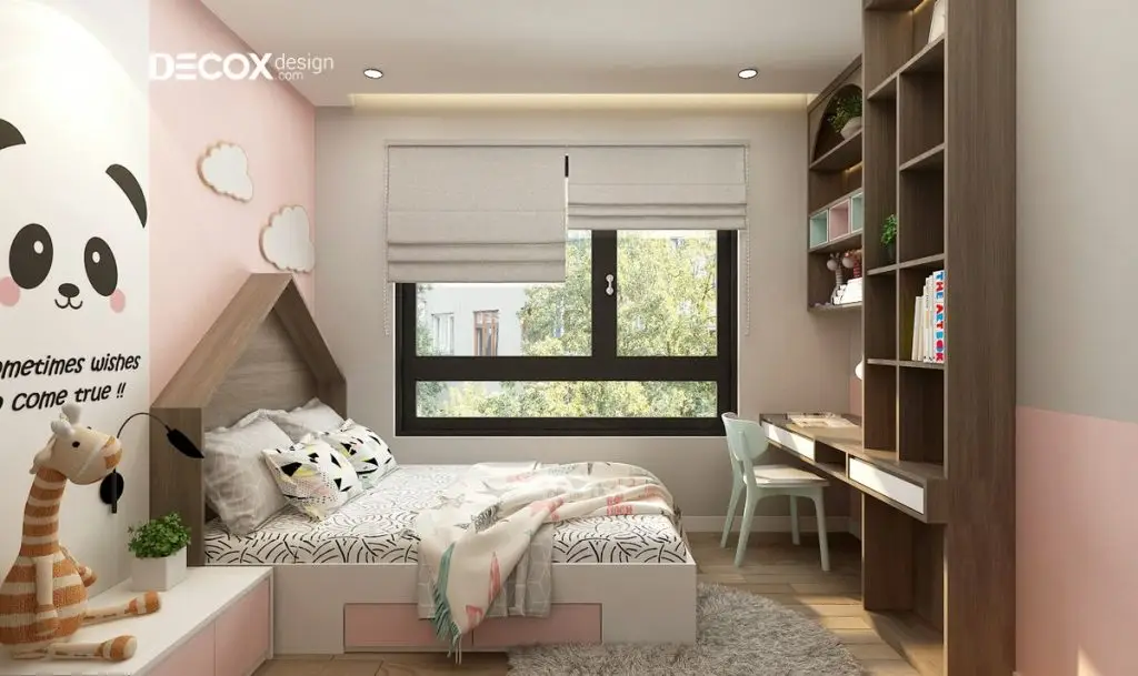 decor phòng ngủ bé gái với nhân vật hoạt hình