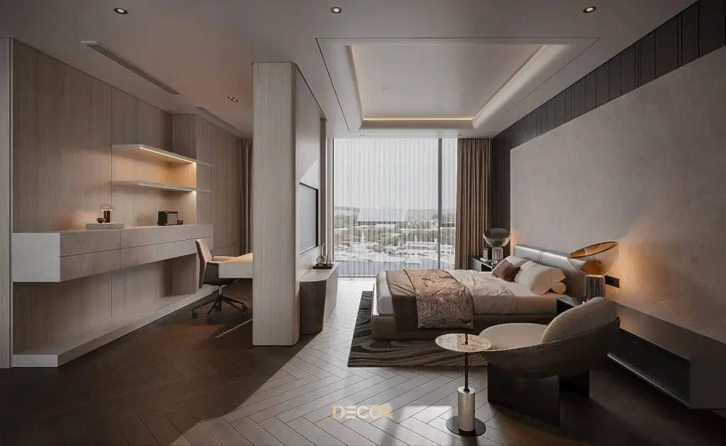 phòng ngủ master là gì - kệ tivi ốp vách giả