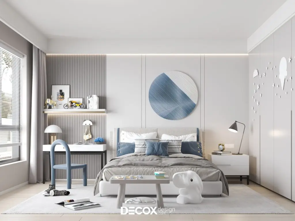 thiết kế phòng ngủ cho bé trai với màu trắng và xám