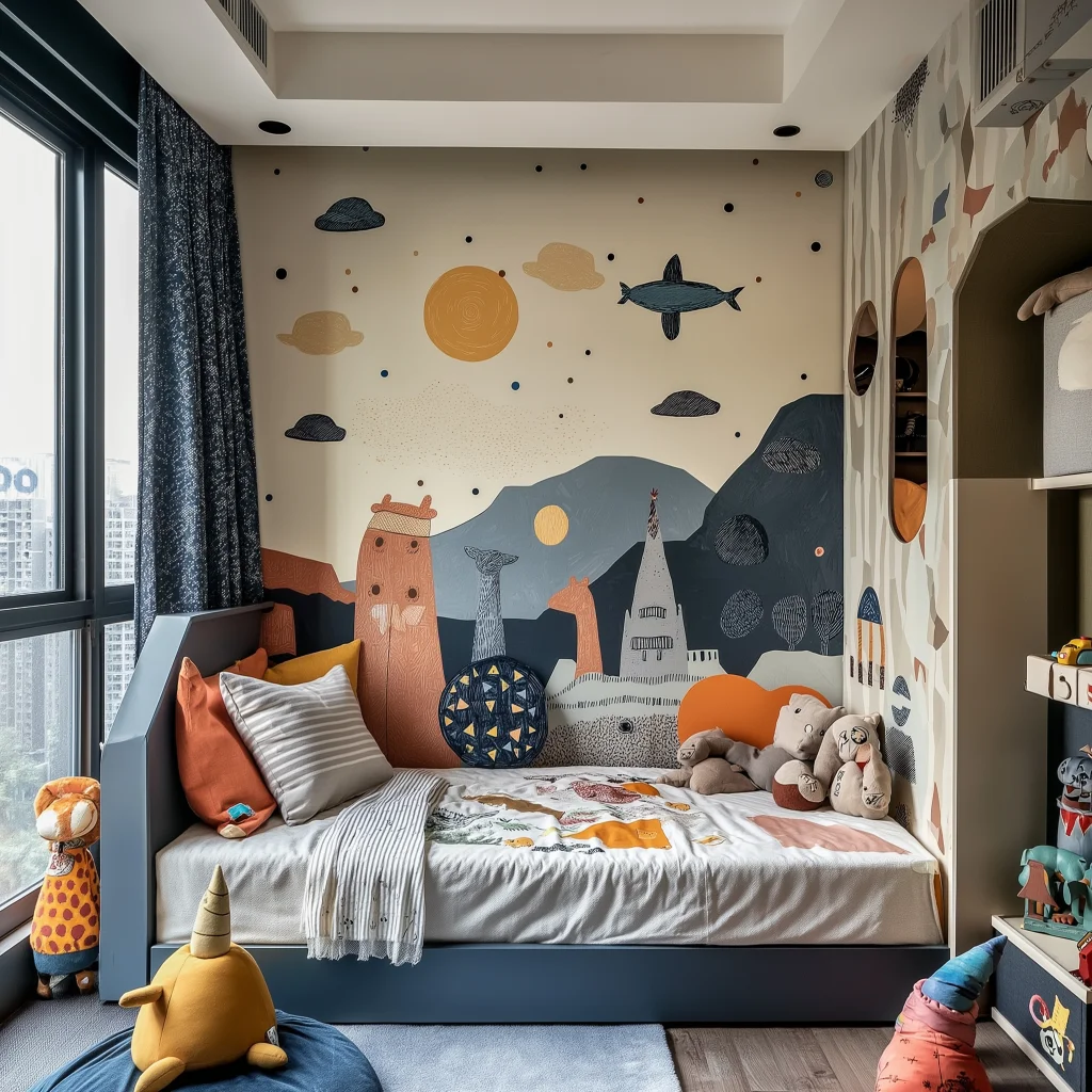 thiết kế phòng ngủ cho bé trai bằng giấy dán tường