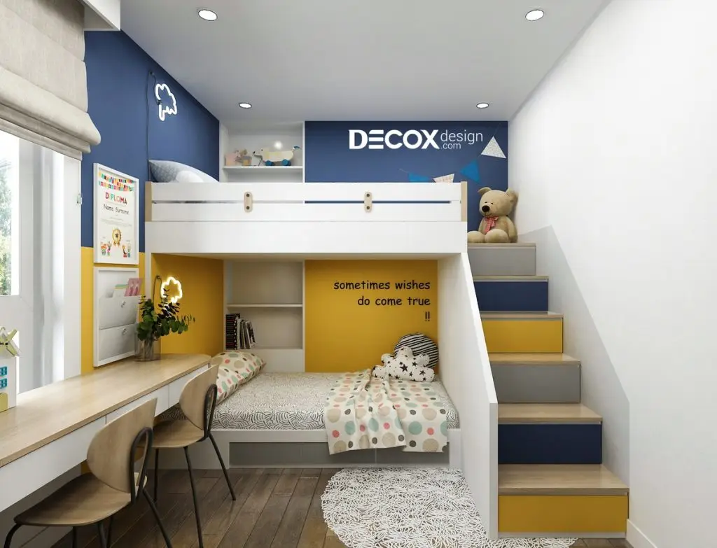 thiết kế phòng ngủ cho bé trai sử dụng giường 2 tầng
