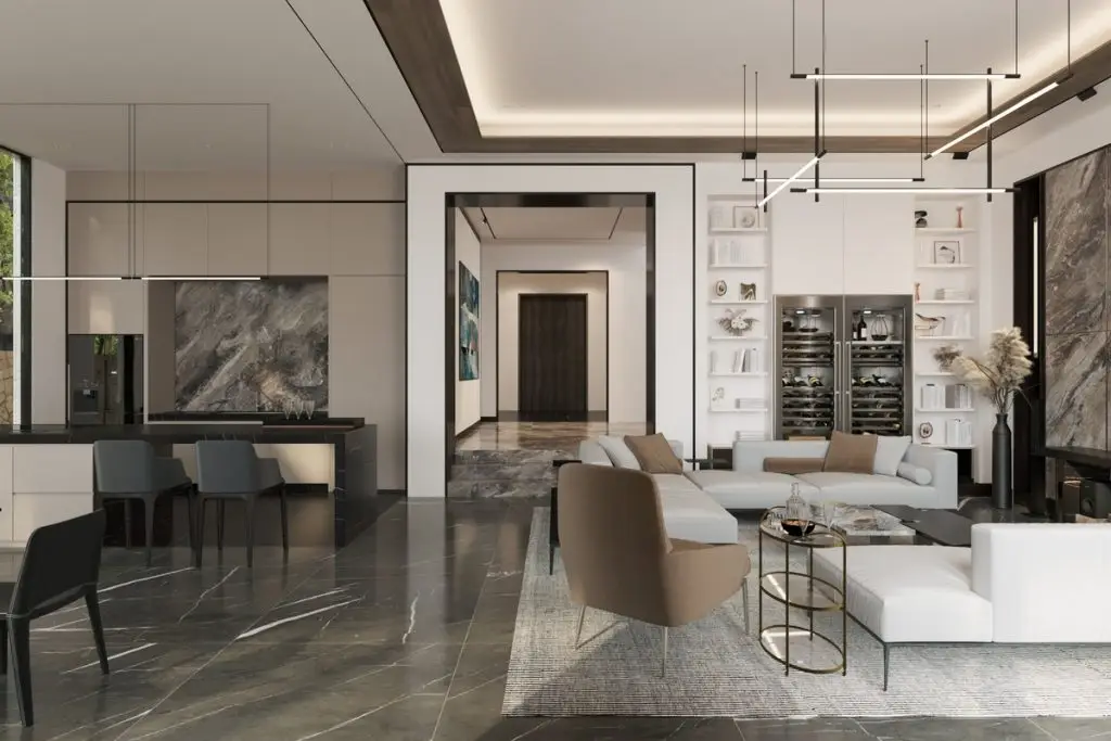 trần thạch cao phòng khách kết hợp đèn thả