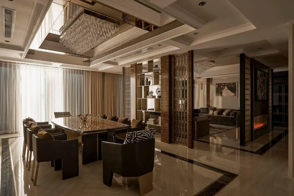 vách ngăn phòng khách bằng gỗ kết hợp kệ trang trí thoáng đãng