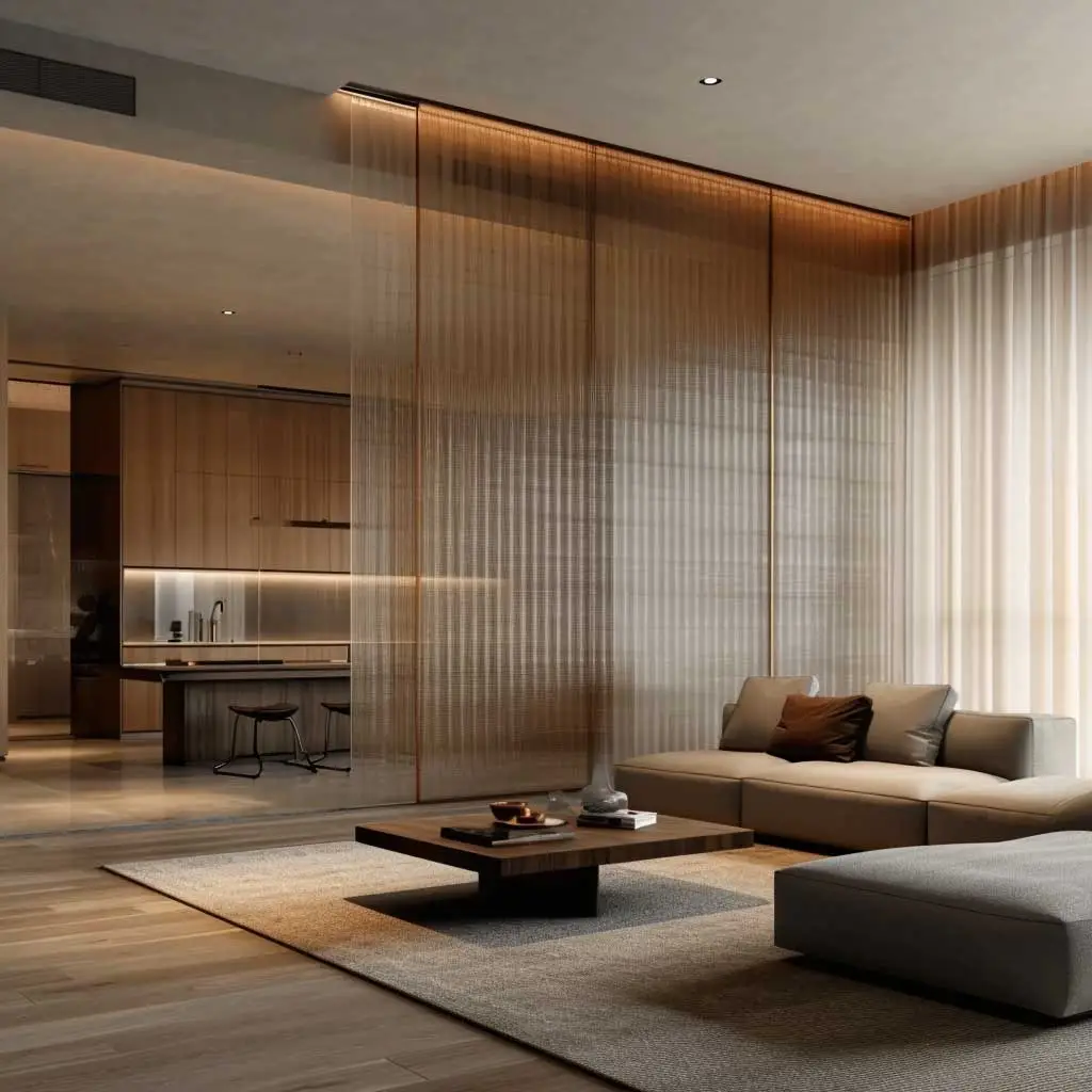 vách ngăn phòng khách và bếp bằng kính