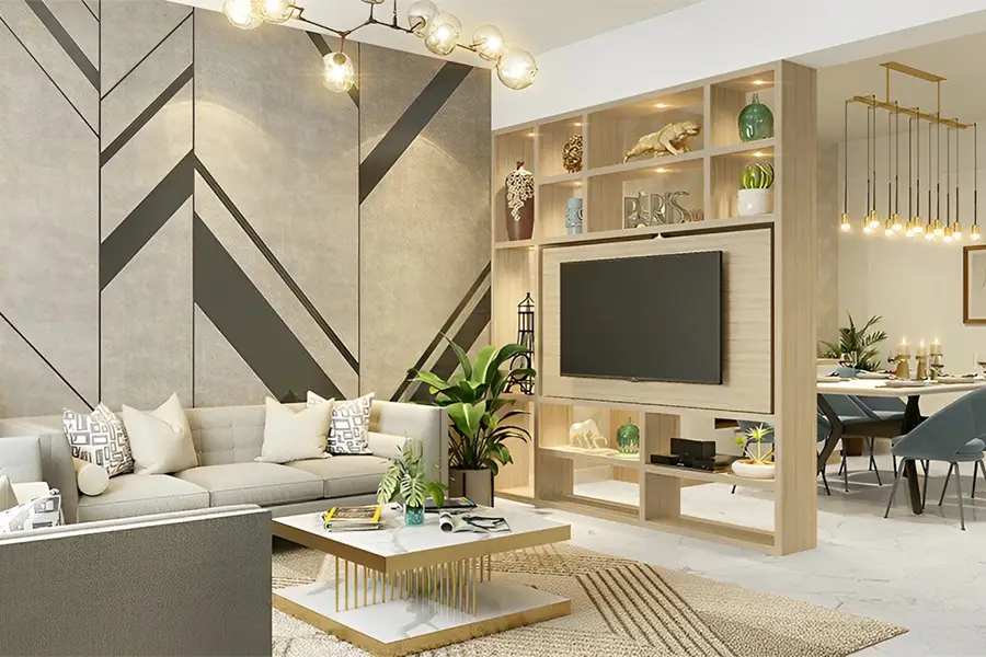 vách ngăn phòng khách và bếp kết hợp tủ tivi