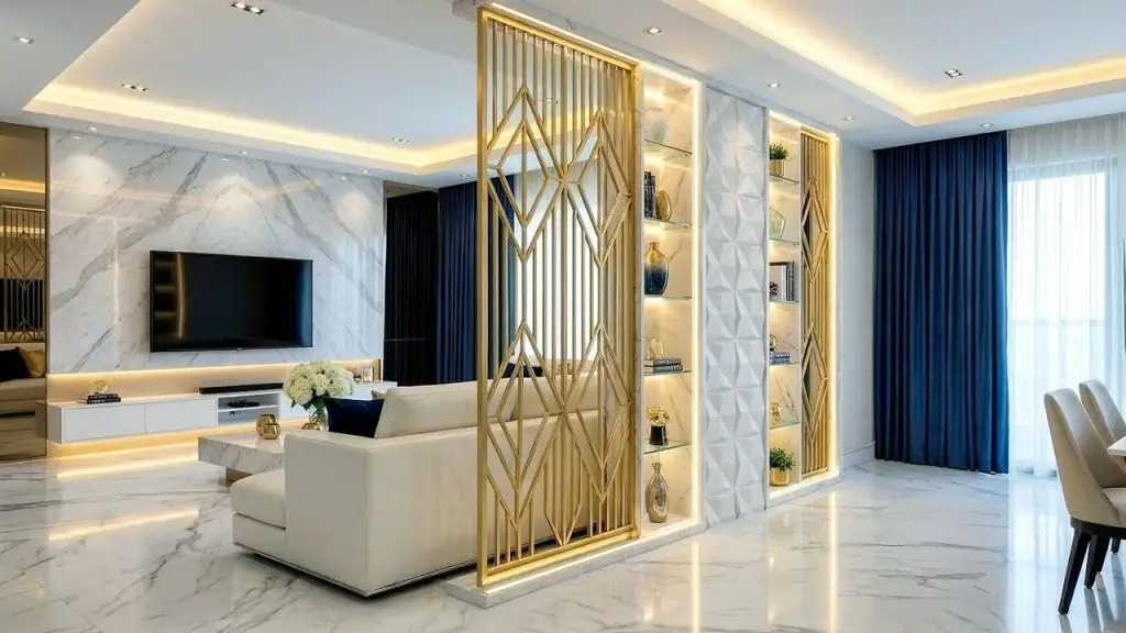 vách ngăn phòng khách và bếp kết hợp kệ trang trí