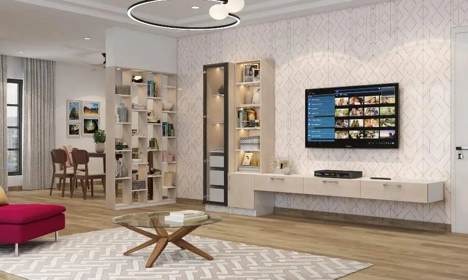 vách ngăn phòng khách và bếp có kệ trang trí