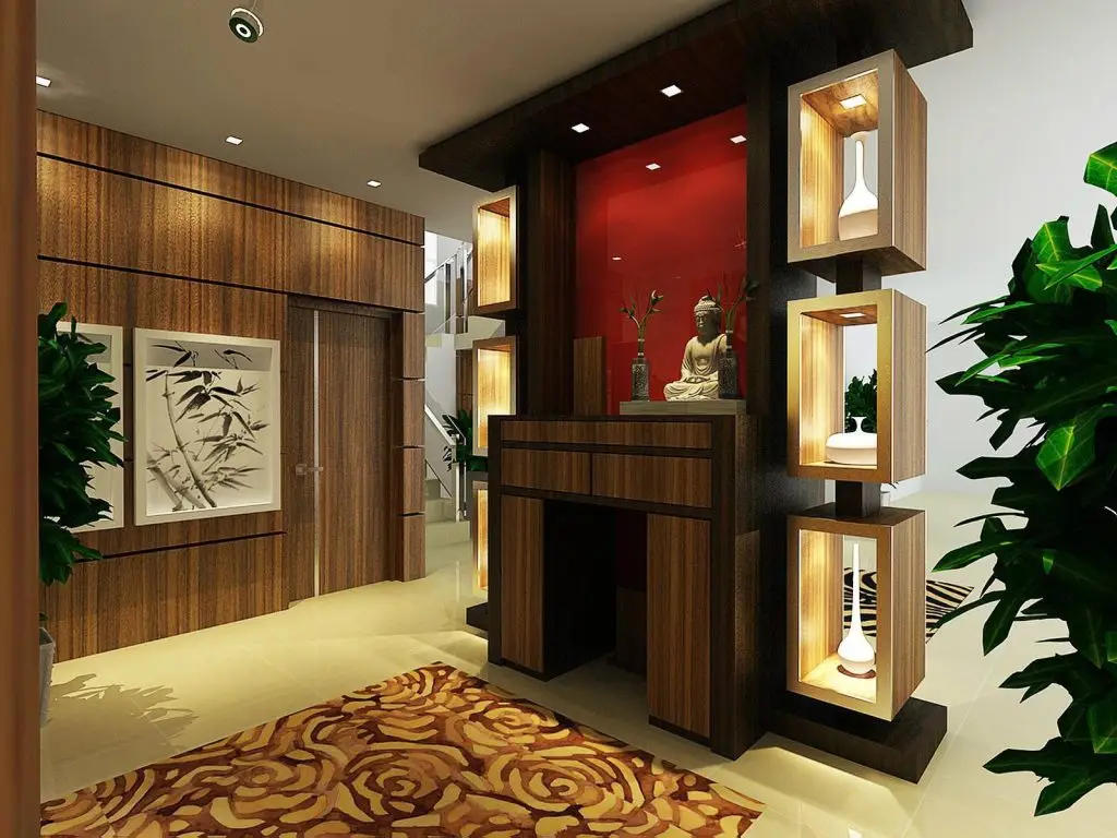 vách ngăn phòng khách và bếp có bàn thờ