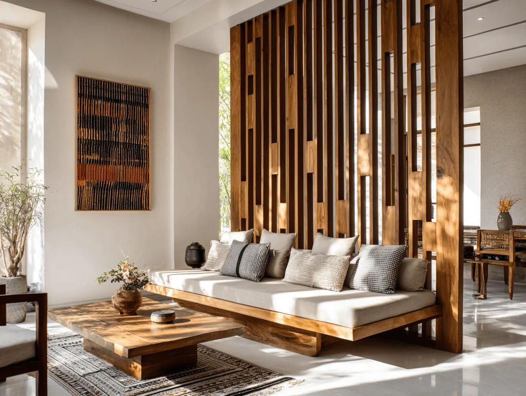 vách ngăn phòng khách và bếp gỗ công nghiệp