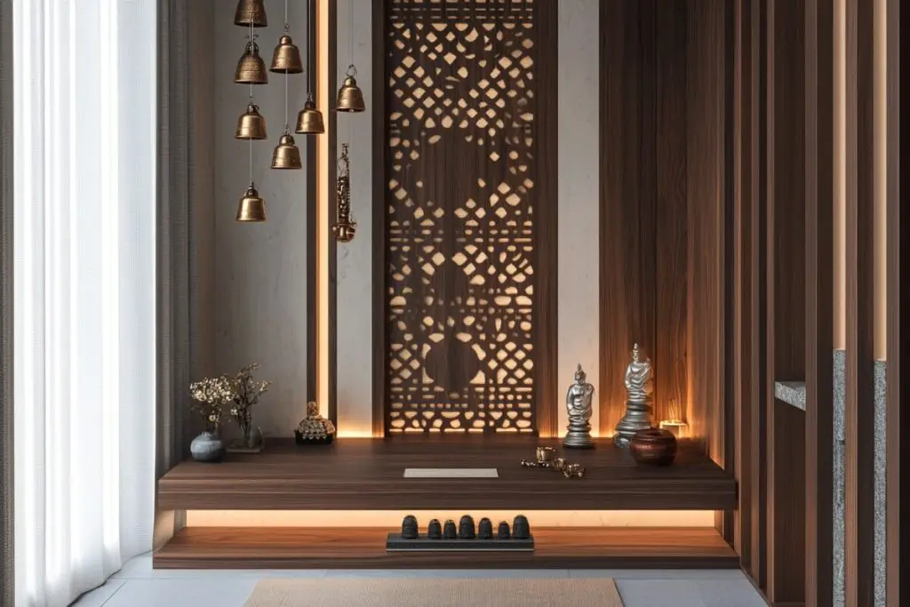 vách ngăn phòng thờ với phòng khách kết hợp kệ trang trí