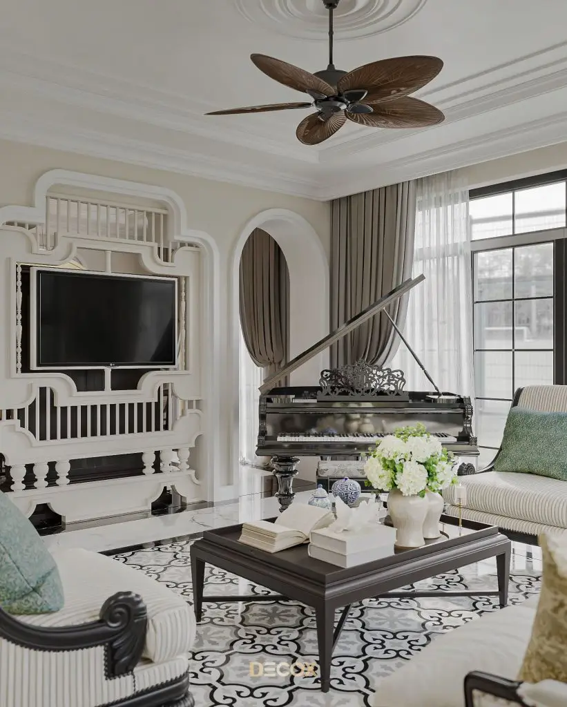 vách tivi phòng khách kiểu dáng Indochine