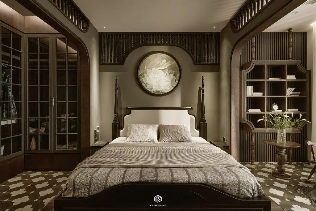 Giường gỗ óc chó kiểu Indochine