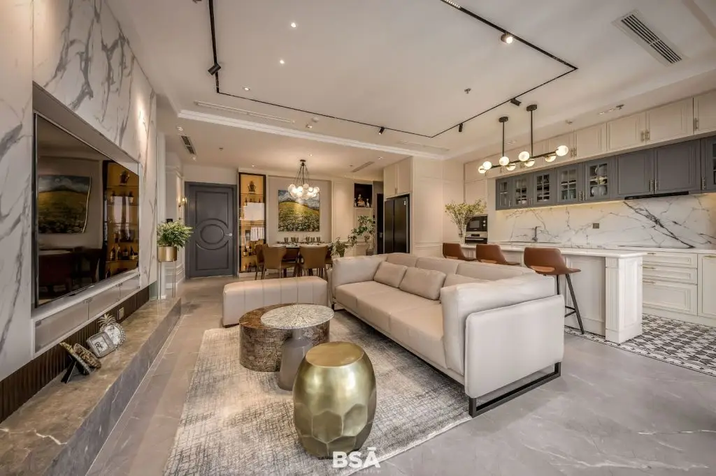 đá granite vân mây xám ốp tường bếp