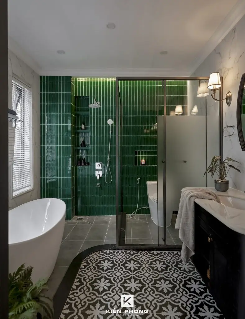 gạch mosaic màu xanh lá ốp tường phòng tắm