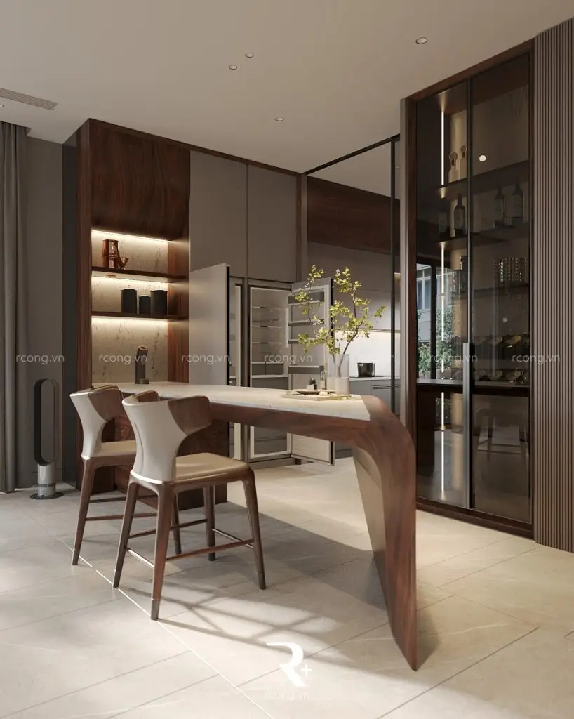 tủ chính chữ L kết hợp quầy bar bếp