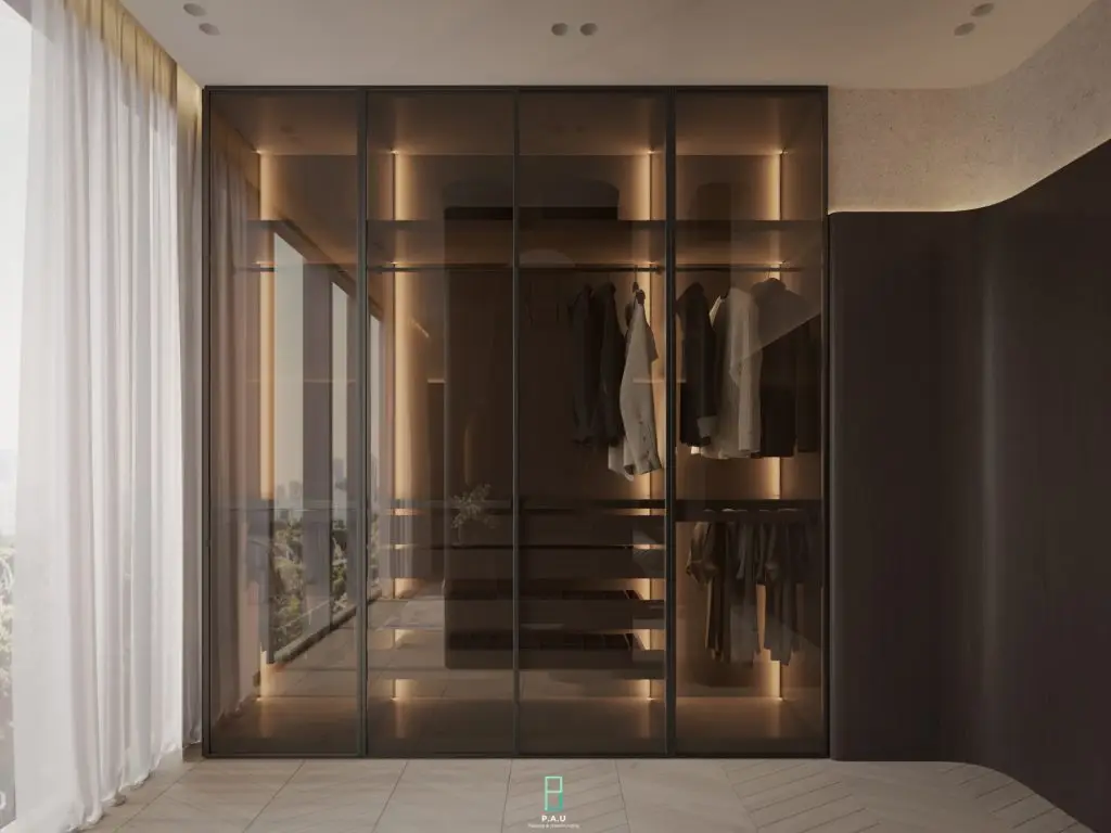 tủ quần áo gỗ công nghiệp kết hợp kính, đèn led